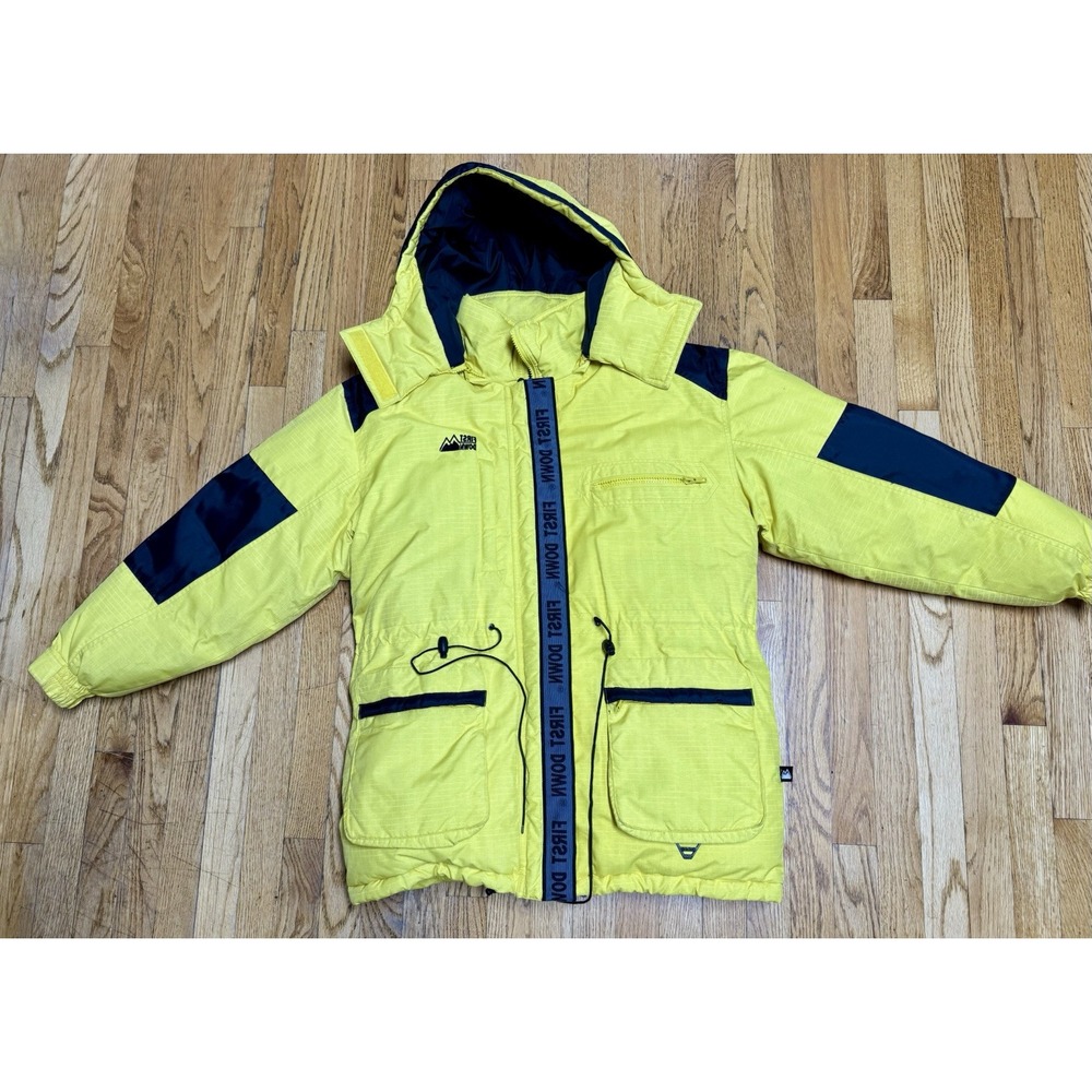 First Down Puffer Jacket Vintage Yellow Climber Mens Feathers S/Small Hooded Y2K